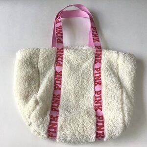 Victorias Secret PINK Plush Sherpa Tote Bag Winter White Fleece Pink Logo Straps